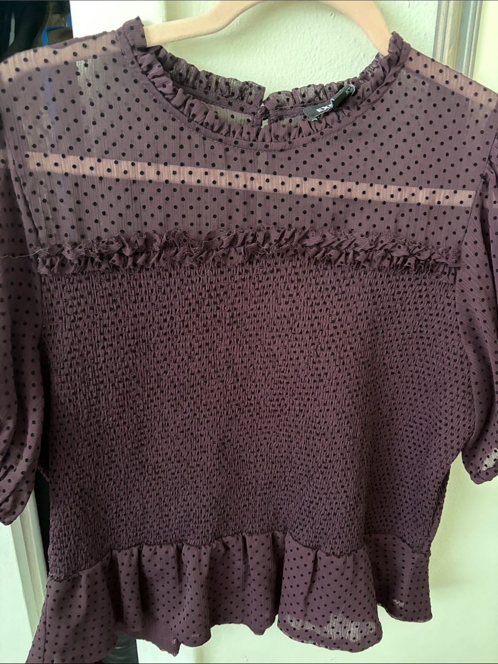 Express Plum Polka Dot Smocked Ruffle Blouse